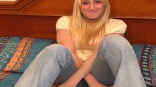 Blonde teen with big natural tits sucks meat