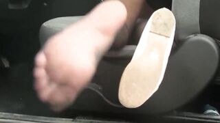 Sexy redhead stockings upskirt & shoeplay on the driveway