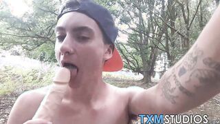 Young FTM prick rider shoves a dildo in his hole outdoors