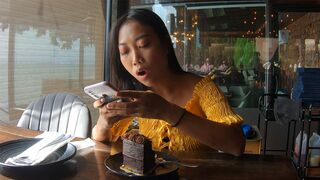Teen GF from Thailand dirty sex at home after chocolate cake