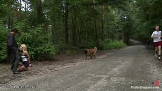 Blonde naked bound in public window